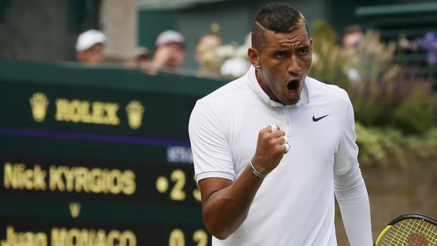 'It's always a circus when Nick hits the court' ... Thanasi Kokkinakis on his mate Nick Kyrgios, pictured here pumping his fist after playing a shot in his second-round win over Juan Monaco of Argentina.