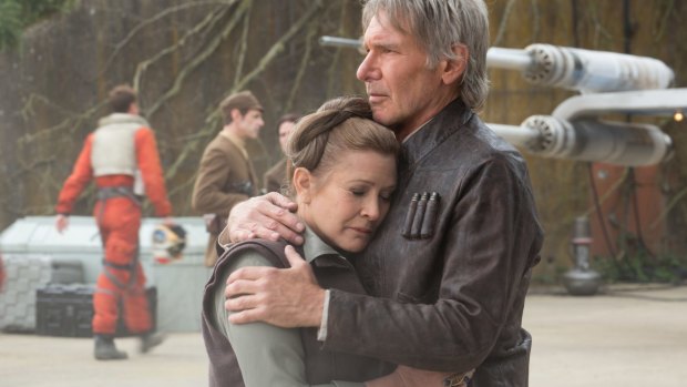 Carrie Fisher as Leia and Harrison Ford as Han Solo in Star Wars: The Force Awakens. Voice actor Richard Darbois has come out of retirement to provide Ford's voice for French-speaking audiences.