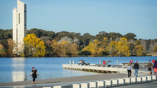 Canberrans soak up the shores of Lake Burley Griffin.