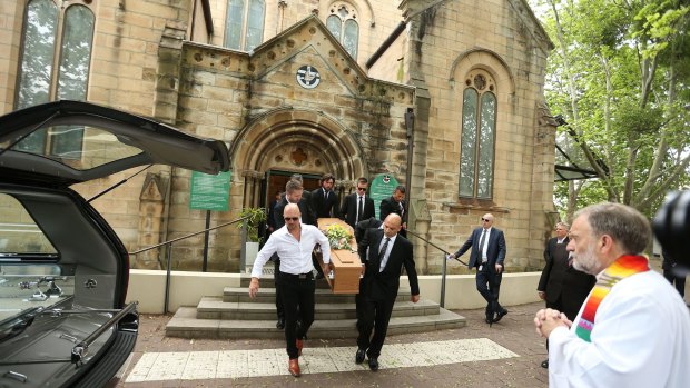 Mourners farewell Fairfax Media columnist Sam de Brito at Paddington Uniting Church.