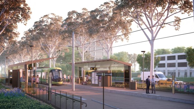 An artist's impression of the Capital Metro Gungahlin tram line showing the light rail stations once trees have grown back.