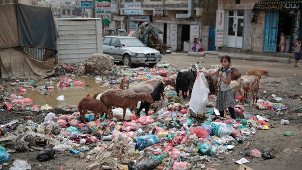 A girl scavenges in a street in Sanaa, Yemen. The UN and international aid groups say the Saudi-led blockade on Yemen has resulted in a lack of food, clean water and basic medical supplies. 