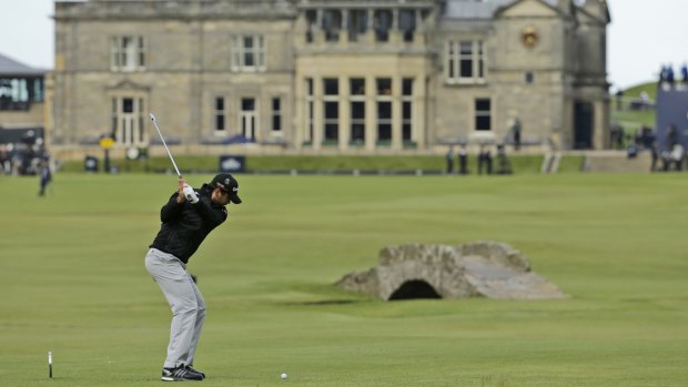 Jason Day plays the 18th hole during the third round at the Open at St Andrews. 