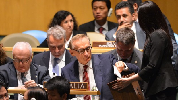 Former foreign minister Bob Carr casts a ballot the 2012 vote that saw Australia become a temporary member of the United Nations Security Council. 