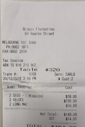 The receipt for lunch  at Florentino.