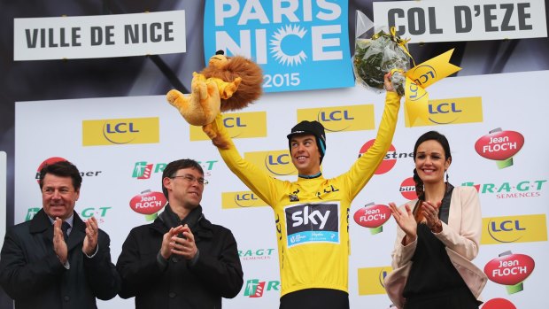 Richie Porte of Team Sky celebrates winning his second Paris-Nice title on Sunday.