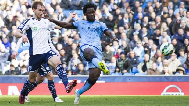 Manchester City's Wilfried Bony scores against West Bromwich Albion at the Etihad Stadium in Manchester on Saturday.