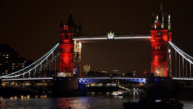 London Bridge, one of many London landmarks lit up in support of Belgium following the terrorist attacks in Brussels.