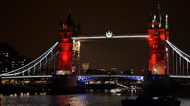 London Bridge, one of many London landmarks lit up in support of Belgium following the terrorist attacks in Brussels.