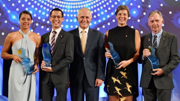 From left, Young Australian of the Year Samantha Kerr, Local Hero Eddie Woo, PM Malcolm Turnbull, Australian of the Year Professor Michelle Yvonne Simmons, and Senior Australian of the Year Dr Graham Farquhar.