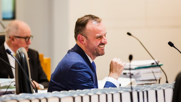 Manager of government business Mick Gentleman, background, and Chief Minister Andrew Barr in Question Time in the new Assembly: They will have to keep a closer eye on the Greens now there are two.