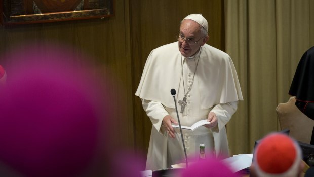 Pope Francis speaks at the Synod of Bishops this month.