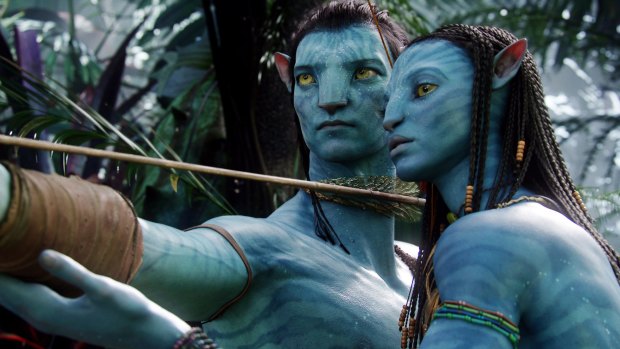Neytiri, voiced by Zoe Saldana, right, and  Jake (Sam Worthington) in a scene from 2009 blockbuster <i>Avatar</i>.