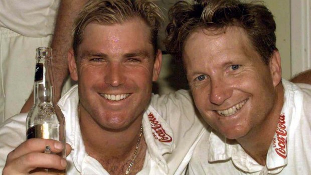 Shane Warne and Ian Healy after Australia's Ashes victory at Trent Bridge in 1997.
