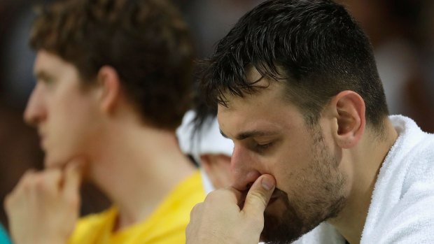 Bogut cut a disappointed figure on the bench during Australia's semi-final loss to Serbia.