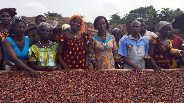 Jeanne Kindo, wearing the orange scarf, inspects dried cocoa beans.