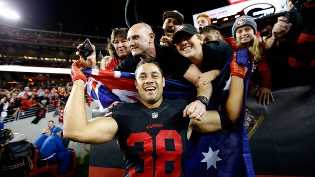 Game changer:  Jarryd Hayne celebrates with Australian fans after helping the 49ers celebrate an opening week win.