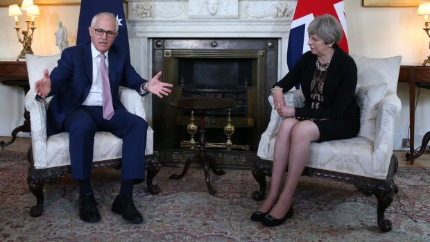 Australian Prime Minister Malcolm Turnbull and UK Prime Minister Theresa May at 10 Downing Street, London.