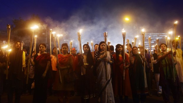 People protest against the killing of Avijit Roy in Dhaka.