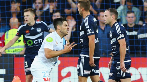Star strikes: City striker Bruno Fornaroli celebrates his second goal during the derby match against Melbourne Victory at AAMI Park. 