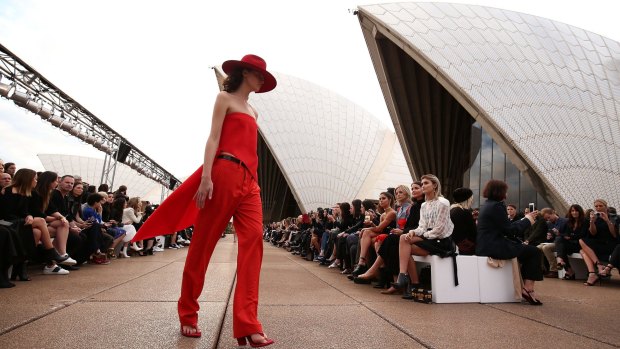 A model on the runway during the Mercedes-Benz Presents Dion Lee show at Mercedes-Benz Fashion Week Resort at the Sydney Opera House on Sunday.