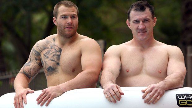 Trent Merrin and Paul Gallen share an ice bath during a NSW State of Origin recovery session in Coffs Harbour in June 2014.