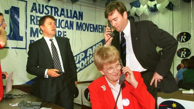 Mr Turnbull with Eddie McGuire and Hazel Hawke at the  Republican Movement headquarters in South Melbourne.