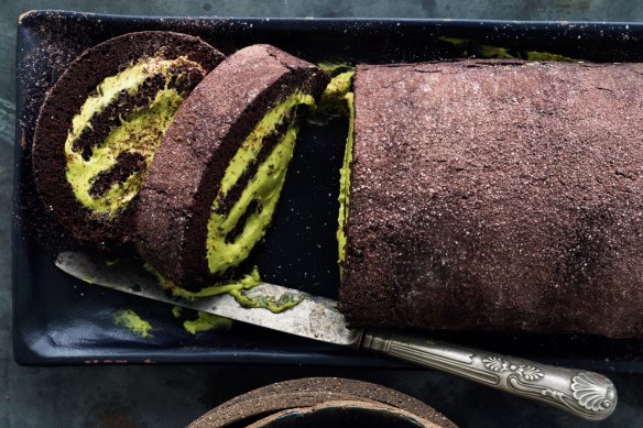 Rolled chocolate cake with green tea cream.