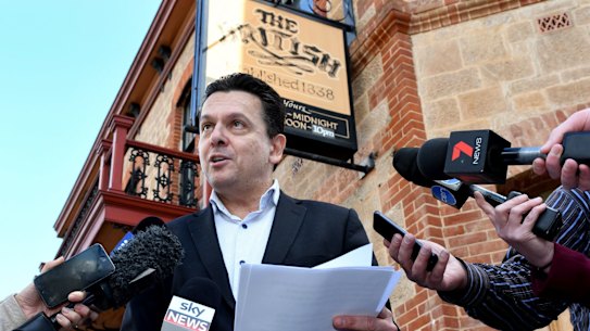Nick Xenophon holds a press conference at the British Hotel, North Adelaide, on Saturday.