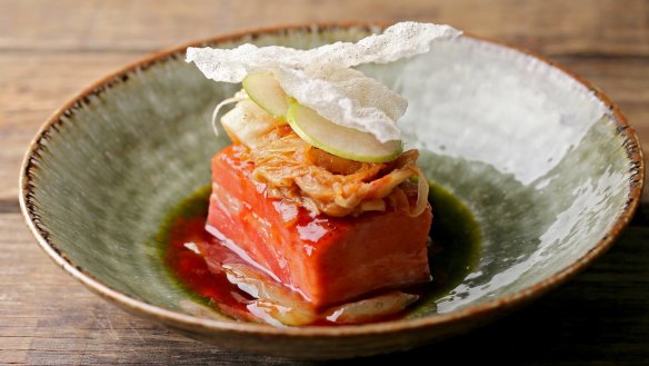 Pork belly, kimchi and apple.