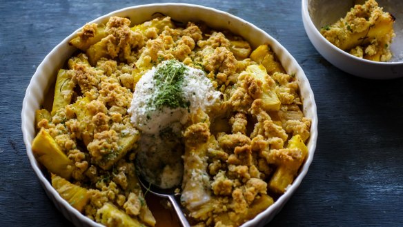 Serve this tropical crumble with lime leaf dust and coconut gelato.