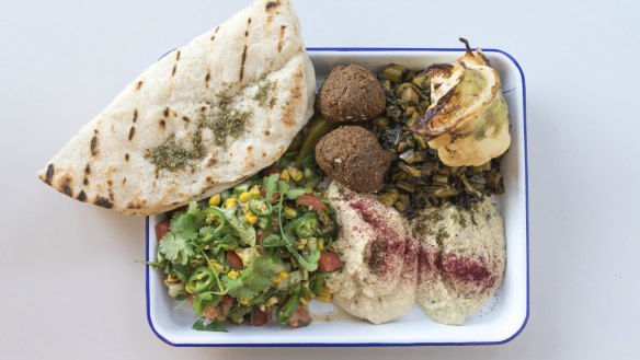 Balagan Kitchen's lunch trays featuring chicken, lamb or roasted veg and falafel with two dips, tabbouleh, pickles and pita are good value.
