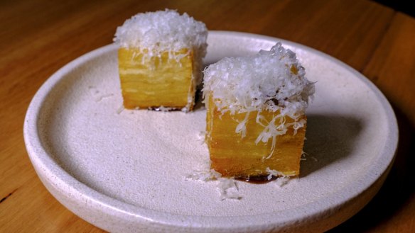 Pommes anna with black garlic vinegar and parmesan.