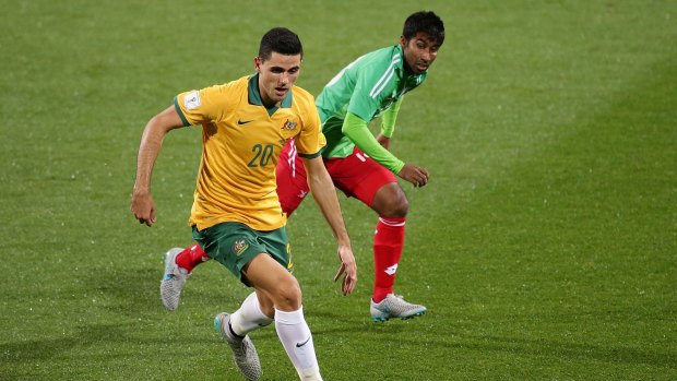 Tom Rogic of Australia controls the ball during the World Cup qualifier against Bangladesh in Perth last month.