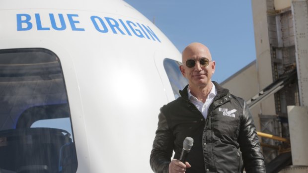 Rocket man: Jeff Bezos as he unveiled the Blue Origin New Shepard system during the Space Symposium in Colorado Springs, Colorado.