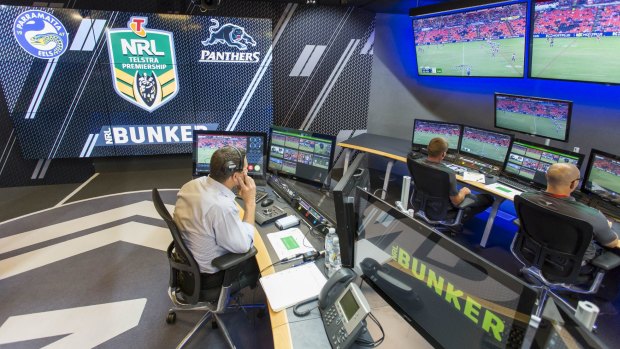 Bunkering down: The NRL video refs in their new set-up.