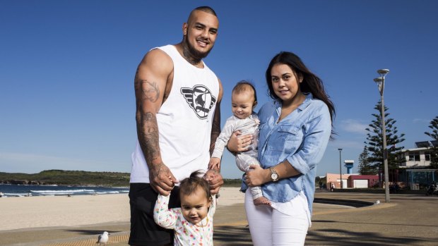 Manly NRL player Addin Fonua-Blake with his partner Ana Pilimai and their two children Malachi and Aubrey.