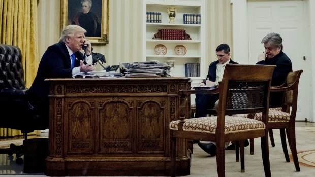 Donald Trump with then-national security adviser Michael Flynn and chief strategist Steve Bannon during a phone call with Australian Prime Minister Malcolm Turnbull in January.