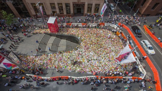 From above: flowers fill Martin Place. 
