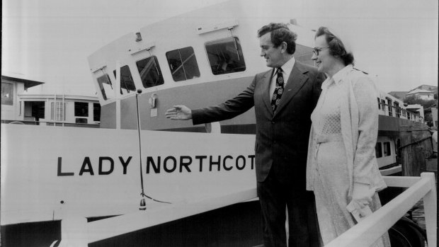 Transport Minister Wal Fife, left, and Elizabeth Nash, daughter of the late NSW Govenor Sir John Northott, at the christening of the Lady Northcott ferry in 1975. 