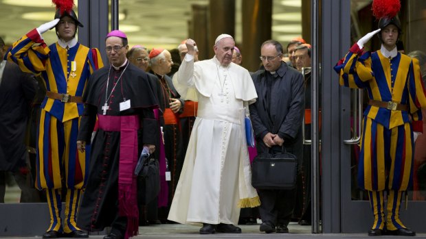 Pope Francis leaves at the end of the afternoon session of the Synod of bishops at the Vatican on Wednesday. 