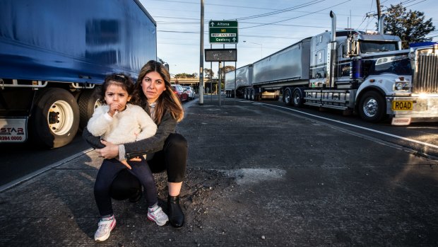 Brooklyn resident Gulen Sarantis, with her two-year-old Georgia, has concerns over the 7000 extra trucks that will hit Millers Road. 