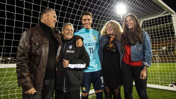 Socceroo player Chris Ikonomidis with his family, from left, father George, grandmother Evangelia, mother Liz and sister Stephanie.