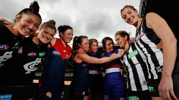 Marquee players Darcy Vescio and Briana Davey of the Blues, Demons Melissa Hickey and Daisy Pearce, Bulldogs Katie Brennan and Ellie Blackburn and Magpies Moana Hope and Emma King 