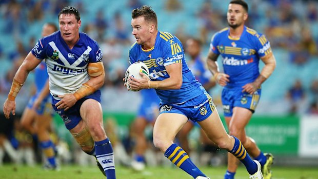 All for nought: Eels winger Clint Gutherson runs the ball during the Eels victory over the Bulldogs on Friday.