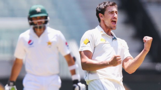 Mitchell Starc strikes, taking the wicket of Babar Azam in the second Test against Pakistan.