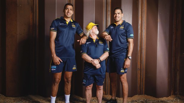 Twin coup: Richie and Rory Arnold with Brumbies forwards coach Laurie Fisher.
