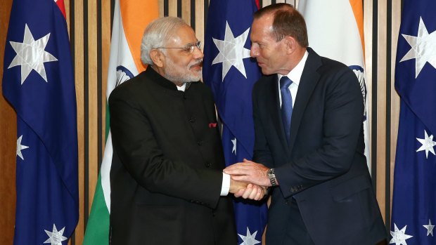 Narendra Modi and Tony Abbott in Parliament House on Tuesday morning.