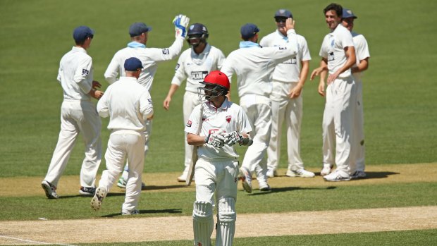 Blues players celebrate as Tom Cooper of the Redbacks departs after being bowled by Mitchell Starc.