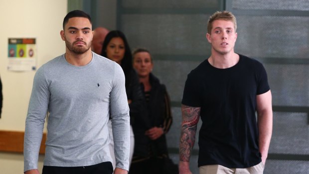 Scary times: Dylan Walker and then Rabbitohs teammates Aaron Gray leave hospital in the wake of the overdose in September.